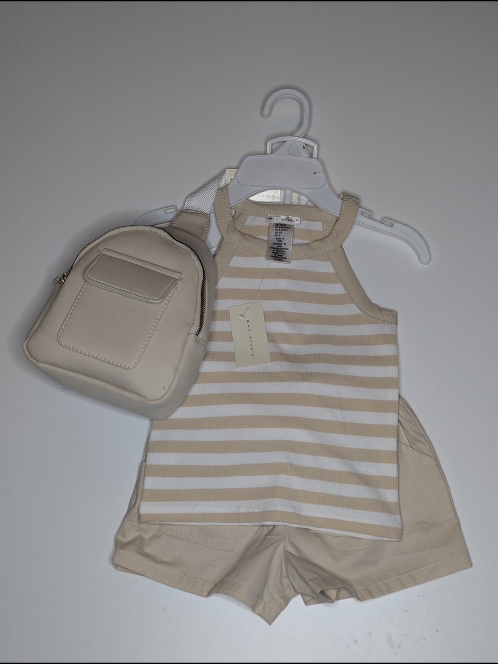 Max Studio Beige & White Striped Tank, Shorts and Mini Backpack Set
